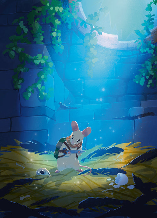 The art print of the september Snail Mail club called Little Paper Adventure, showing a mouse holding a sword, while standing in a large bird's nest. There is a bluish atmosphere
