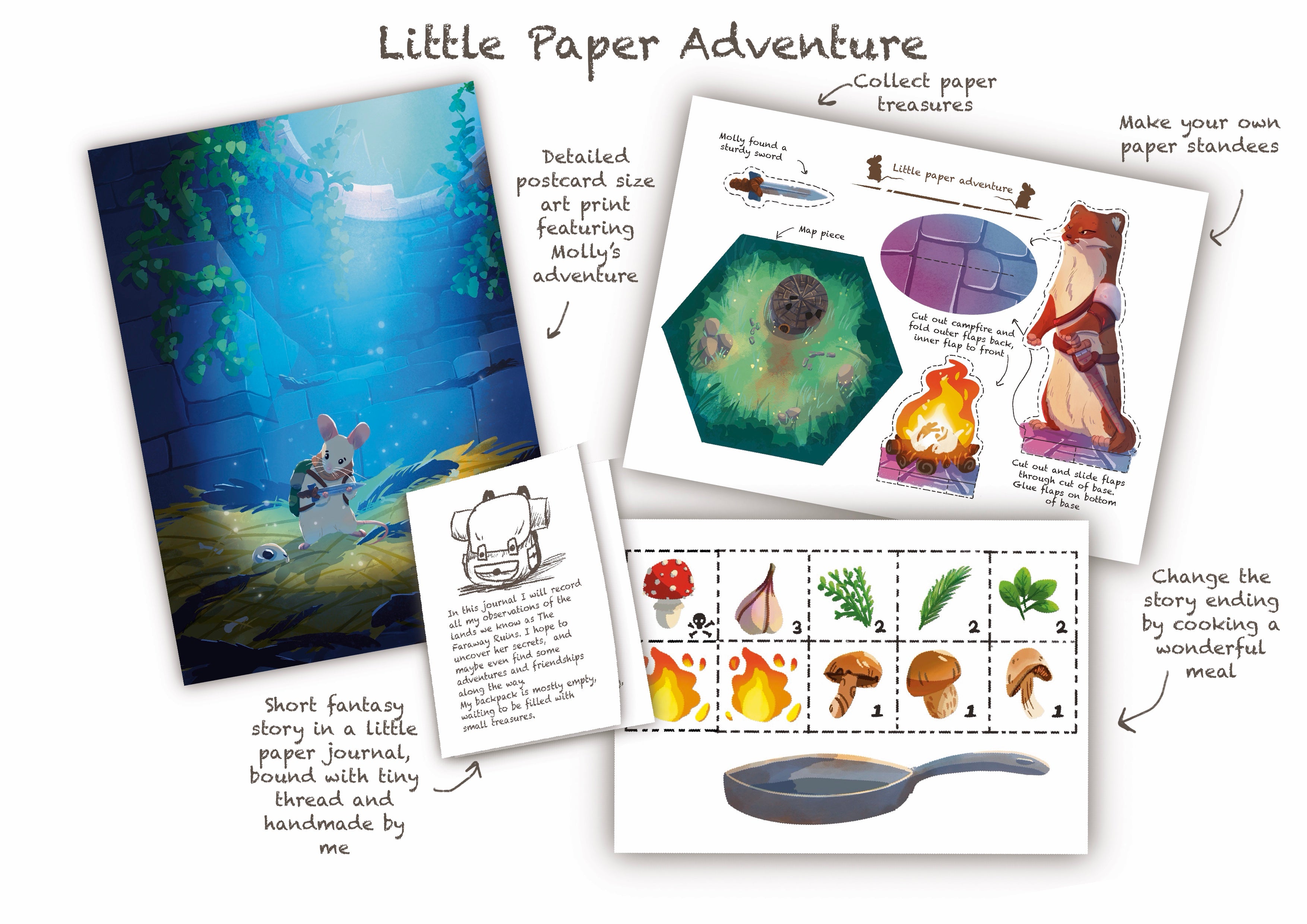 All the contents of my September Snail Mail club called Little Paper Adventure: an art card showing our brave mouse hero, a short story about adventures in the Faraway ruins, made into a tiny booklet, a craft card to craft along with the story. And a Mini cooking game